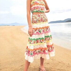 Farm Rio Toucans Garden Multi Tiered Elasticized Waist Maxi Skirt Ricrac Medium